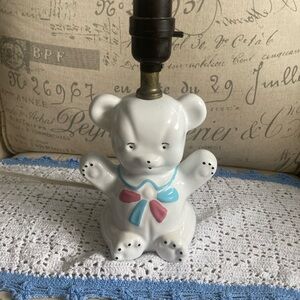 Vintage White Ceramic Bear Table Lamp Base with Pink and Blue Bow -